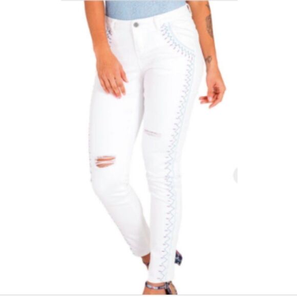 Poetic Justice Shantelle Jean 16R Tribal Embroidered White Skinny Distressed - Picture 1 of 9